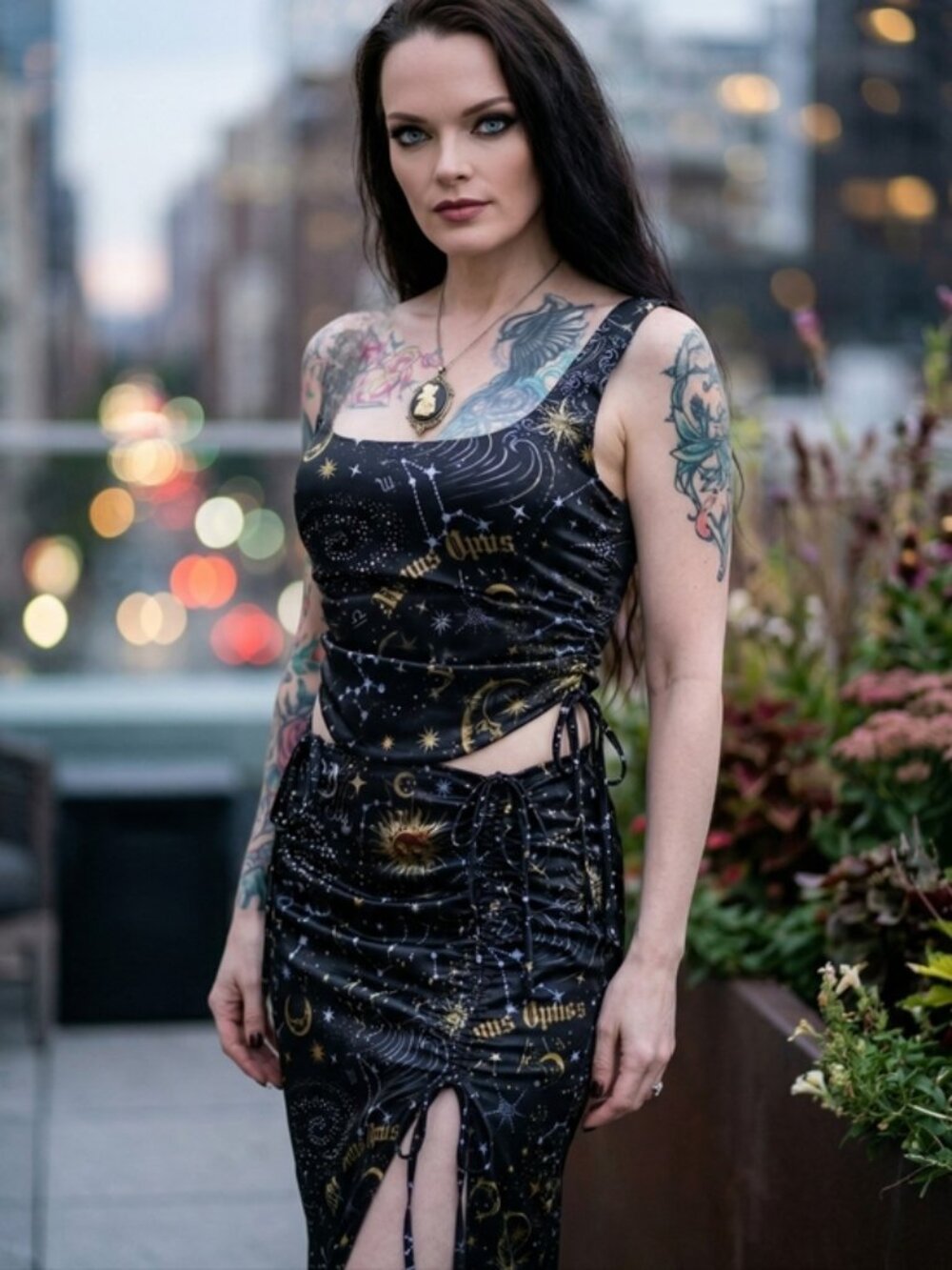 Horoscopez ✦ Starry Night Two‑Piece Set ✦ One‑Shoulder Bustier Celestial Midi S